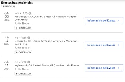 Así se ve la página de TicketMaster respecto a los conciertos de Justin Bieber