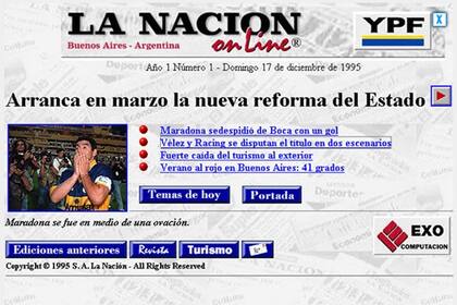 Así se veía la portada de la Web del diario hace 20 años, entonces llamada La Nacion Online