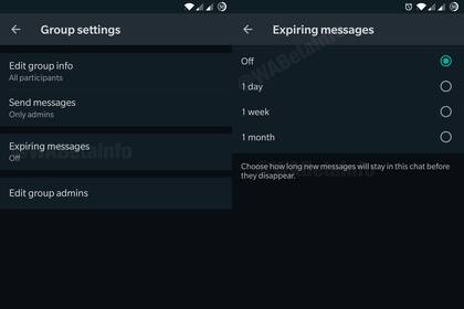 Así se ven los ajustes de los mensajes que expiran en WhatsApp, en un anticipo publicado por el sitio WABetaInfo
