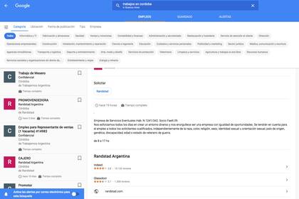 Así se ven los resultados de búsqueda de ofertas de trabajo en Google Empleos en la Argentina