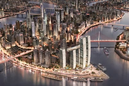 Así se verá el complejo Raffles City Chongqing cuando esté terminado; The Crystal es el puente que une los edificios