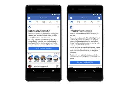 Así se verá la notificación que enviará Facebook a las cuentas afectadas por el escándalo de Cambridge Analytica