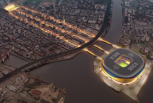 Así se vería desde el aire la nueva Bombonera en la Isla Demarchi.
Arq. Ernesto Lombardi & Asoc.