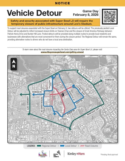 Así será el cierre alrededor del Levi's Stadium en Santa Clara durante el día del Super Bowl LX