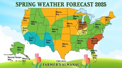 Así será la primavera en EE.UU.: regiones cálidas y secas (naranja), frías y secas (amarillo), frías y húmedas (celeste), calurosas y húmedas (verde) y secas con temperaturas normales (marrón)