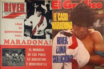 "Así te queremos ver, Maradona", se ilusionaba la revista de River con una foto trucada de Diego con la banda roja