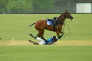 Insólita caída en polo: quiso hacer una "acrobacia" para ahorrar tiempo y terminó en el suelo, bajo lluvia