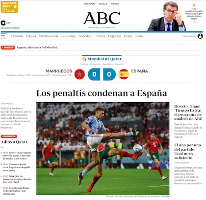 Así tituló el diario ABC la eliminación de España del Mundial de Qatar 2022