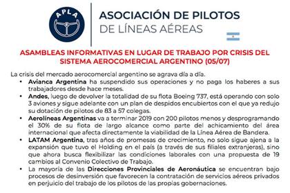 Asociación de Pilotos de Líneas Aéreas (APLA); Pablo Biró; vuelos; Aeroparque Jorge Newbery; Aeropuerto Ministro Pistarini (Ezeiza)