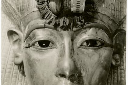 Ataúd exterior de Tutankamón tal como se lo encontró, con una guirnalda de acianos y hojas de olivo que adornaba la frente del joven faraón.