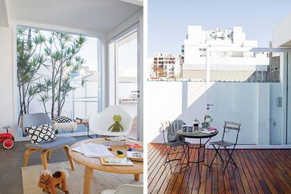 Atrás, banco ‘Bertoia bench’ (Chaise). Sobre el piso existente de la terraza montaron un deck de madera al mismo nivel que el del SUM. Juego de mesa y sillas ‘Quilmes’ (Mercado de las Pulgas). 