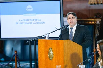 Audiencia en el Salón Azul del Senado de la Nación, organizada por el senador de la LLA Francisco Paoltroni, para rechazar los pliegos del candidato a ministro de La Corte Suprema, el juez federal Ariel Lijo.