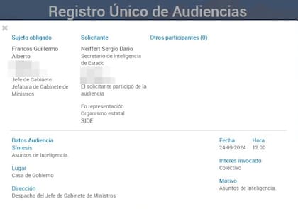 Audiencia reportada entre el jefe de Gabinete, Guillermo Francos, y el titular de la SIDE, Sergio Neiffert.