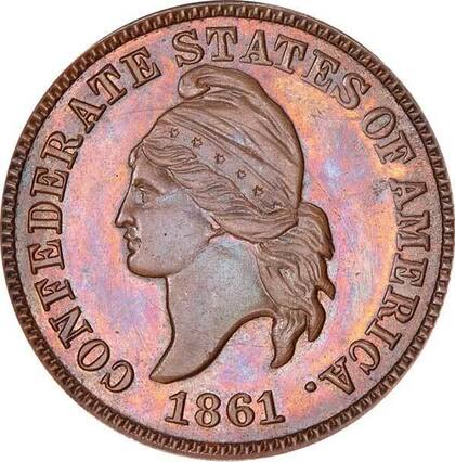 Aunque la pieza fue reacuñada en 1874, el diseño mantiene su año original "1861"
