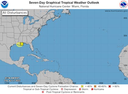 Aunque solo tiene 30% de chance de convertirse en depresión tropical, el sistema cerca de Mississippi generará lluvias torrenciales en Louisiana (riesgo moderado de inundación) y zonas adyacentes, con acumulaciones localmente extremas