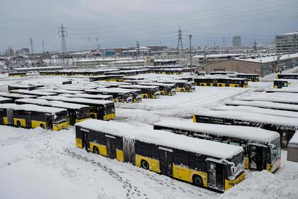Autobuses estacionados en la terminal después de una fuerte nevada en el distrito de Basaksehir, en Estambul