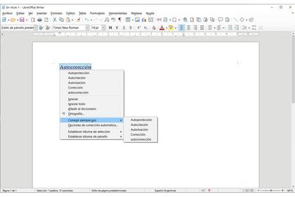 Autocorrección en LibreOffice. Llegado el caso hará falta agregar palabras a mano, mediante "Opciones de corrección automática". Puede hacerse todo desde el teclado