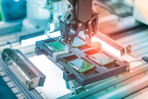 automatic robot for print circuit board (PCB)assembly machine during soldering or welding part at factory