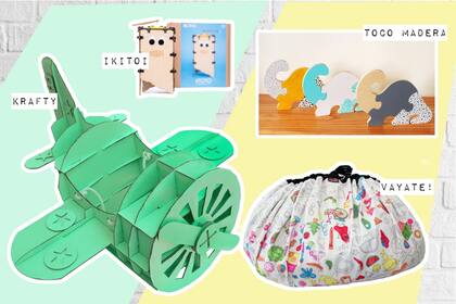 Avión para armar de Krafty $500 / Robot para armar de Ikitoi $469 / Rompecabezas de madera de Todo Madera $435 / Manta guardachiches para pintar de Vayate! $690
