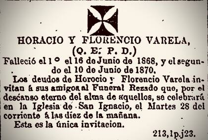 Aviso de funeral de los hermanos Varela, publicado en los periódicos del 24 de junio de 1870.