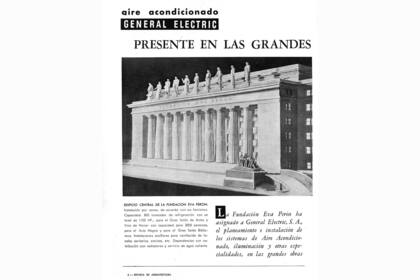 Aviso de General Electric sobre su trabajo en el edificio de la Fundación Eva Perón, que tenía su sede donde hoy se encuentra la Facultad de Ingeniería, en Paseo Colón al 800.
Revista de Arquitectura 1953