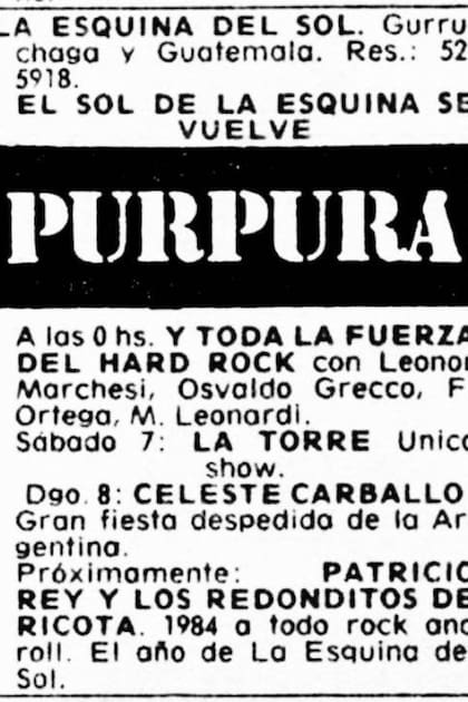 Aviso de la presentación de Purpura en La Esquina del Sol, cuya cantante, Leonor Marchessi, actualmente en España, una de las artistas más queridas por Gustavo De Rosa; "ella cantó el Ave María en mi casamiento", dice el empresario