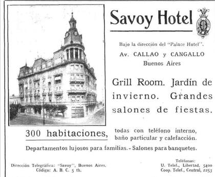 Aviso del Savoy de Buenos Aires en 1918.