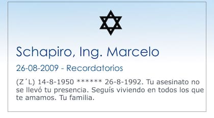 Aviso fúnebre recordando al ingeniero Marcelo Schapiro, asesinado el 26 de agosto de 1992