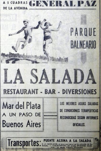 Aviso promocional de las piletas de La Salada, "parque balneario", que se promocioanba como "Mar del Plata a un paso de Buenos Aires"
