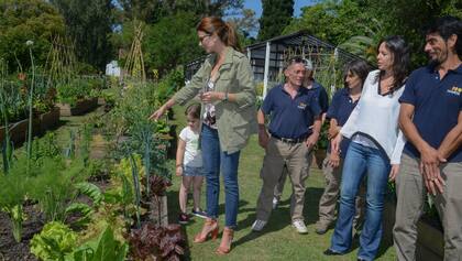 Awada con Antonia y la ministra Stanley en la huerta de la quinta