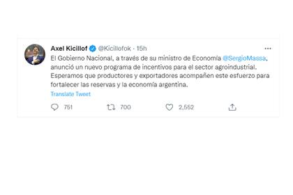 Axel Kicicllof escribió en las redes sociales tras los anuncios del ministro de Economía, Sergio Massa, sobre el dólar soja