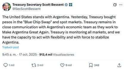 “Ayer, el Tesoro compró pesos en el ‘Blue Chip Swap’ y en el mercado al contado”, afirmó Bessent