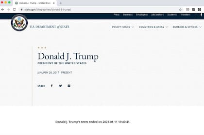 Ayer, la página oficial del Departamento de Estado decía que el 11 de enero había sido el último día de la gestión del mandatario, que en verdad finaliza el 20