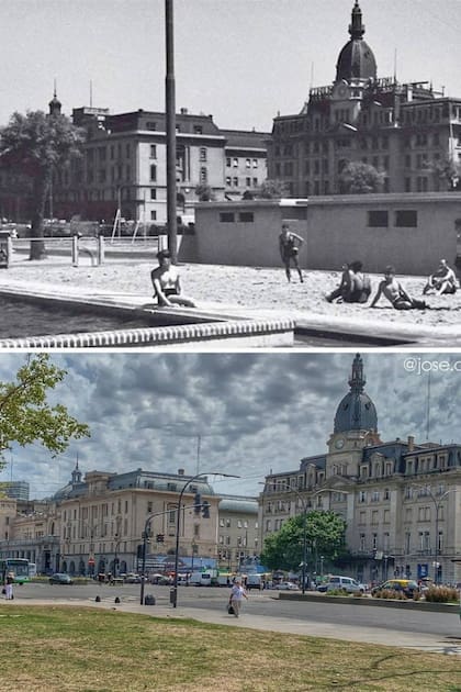 Ayer y hoy, desde el mismo punto de vista, para comparar la zona de la pileta de 1938 con la actual Plaza Canadá