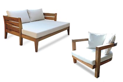 AZURRA. Camastro con respaldo y costados en madera; con tapizados a elección. Medidas: 1,67 m de ancho y 1,29 m de profundidad. @coinvert.exteriors.arg PORTOFINO. Sillón en madera con diseño circular y tapizado a elección.Medidas: 80 cm de profundidad y 80 cm de ancho. @coinvert.exteriors.arg