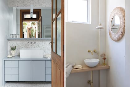 Bacha ‘Country’ (Ferrum); Grifería de pared (FV). La pared lateral está revestida con porcelanato (Cerámica San Lorenzo). Lámpara de techo (Huup).