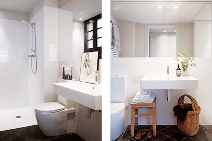 El baño está revestido con azulejos blancos y tiene en el piso los mismos cerámicos de la cocina, pero solo en negro.Bacha Vero (Duravit) En la ducha, base con acabado en blanco mate (Hidrobox) y monocomando (Hansgrohe).