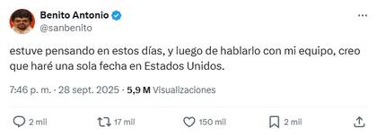 Bad Bunny aseguró que el 8 de febrero de 2026 será su única fecha en EE.UU. (X/@sanbenito)