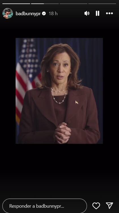 Bad Bunny muestra su apoyo a Kamala Harris en una publicación en sus historias de Instagram