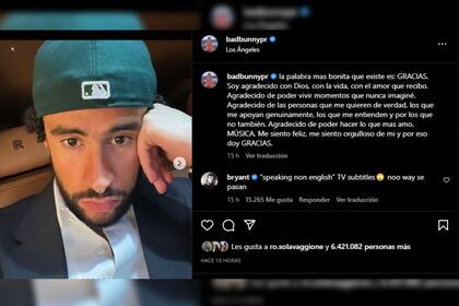 Bad Bunny realizó una emotiva publicación para agradecer su gran presente musical (Foto Instagram @badbunnypr)
