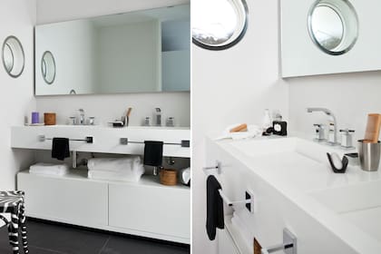 Bajo la mesada de Corian, un mueble de MDF laqueado se despliega como protagonista del ambiente. El espejo se colocó de manera flotante para dar un efecto liviano.