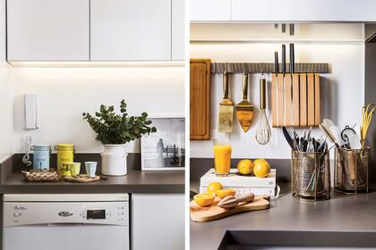 Bajo las alacenas, las luces de led embutidas ofrecen la iluminación necesaria para trabajar y realzan tanto los objetos de uso diario como la fotografía blanco y negro.