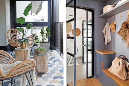 Balcón: piso de calcáreos (Noi) con colores elegidos por los dueños, que siguen la paleta del interior. Sillas de mimbre (Compañía Nativa). Macetas y plantas (Vivero Mario). Hall en gris ‘Steel Wool 33-14’ de Pratt & Lambert (Prestigio) y mueble de guardado, diseño del Estudio.