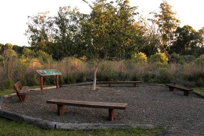 Bancos rústicos de eucalipto colorado proponen un descanso cada tanto. No falta la cartelería explicativa, como en todo el resto del parque.