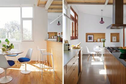 Banquetas ‘Chango 02’ (Oficios Asociados). Piso de porcelanato símil cemento. Lámpara de opalina años 50 (Kermesse).