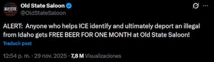Bar de Idaho regala cervezas por un mes a quien ayude al ICE a deportar inmigrantes (X @OldStateSaloon)