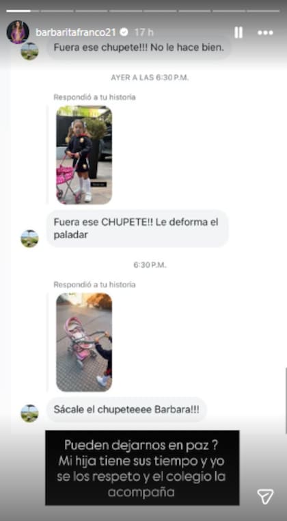 Barby Franco le respondió a quienes cuestionaron que su hija aún use chupete (Foto: Instagram @barbaritafranco21)