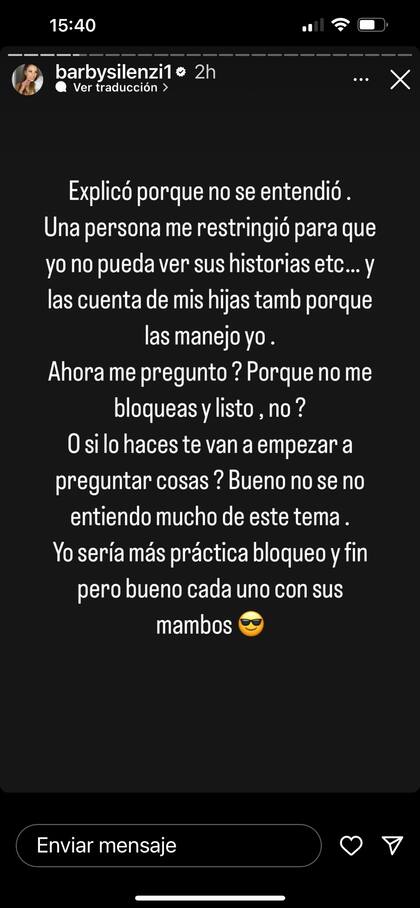 Barby Silenzi contó que restringieron su cuenta y la de sus hijas; sin embargo, no develó el nombre de la persona en cuestión