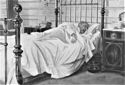 Bartolomé Mitre agonizante. 1904. La imagen tiene témpera blanca, típica de las publicaciones periodísticas de la época: es una foto utilizada en los medios para informar de su inminente deceso. 1906.