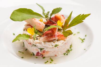 Base de vieiras marinadas con limón y oliva, y centolla al natural, con pimienta de canelo y salicornia disecada para salar.